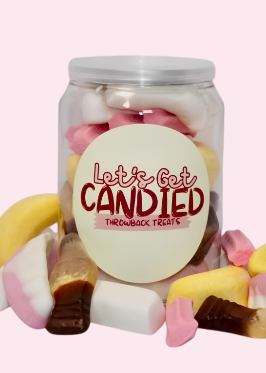 Jar of candied treats with a label on a pink background