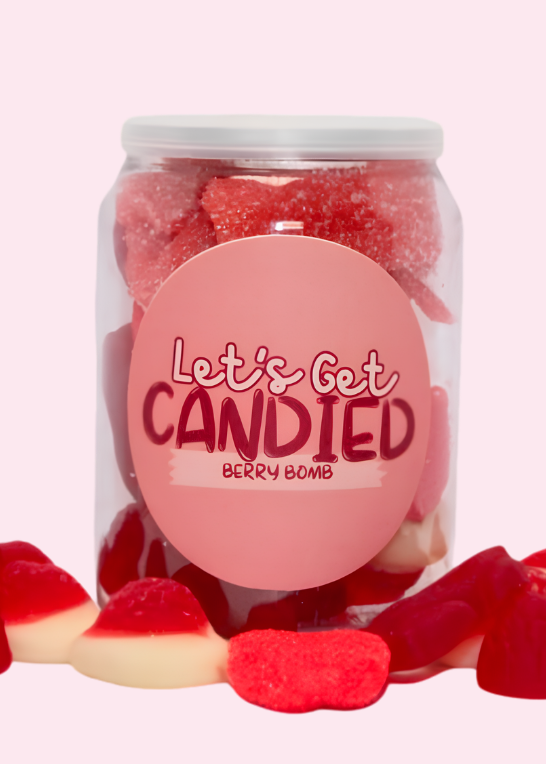 Jar of red gummy bears with a 'Let's Get Candied' label on a white background