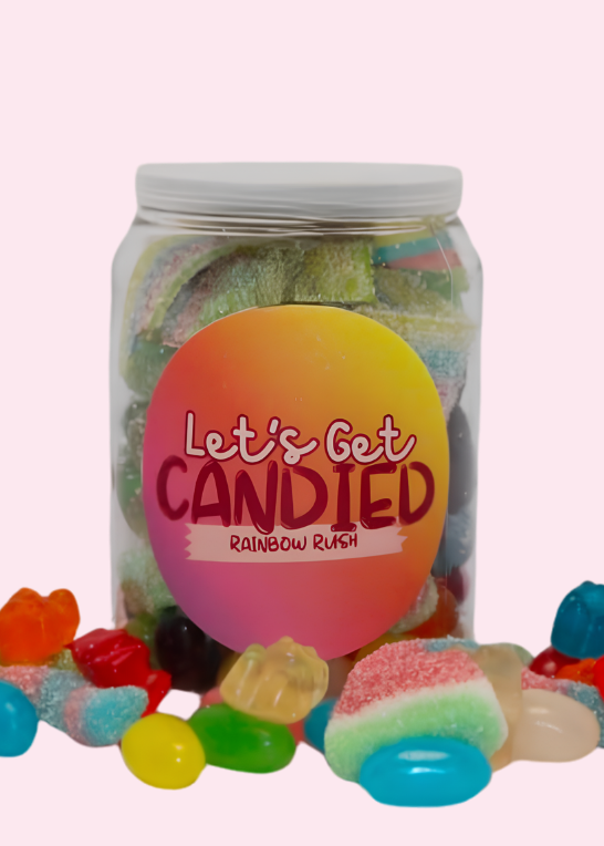 Jar of colorful candies with 'Let's Get Candied' label on a white background